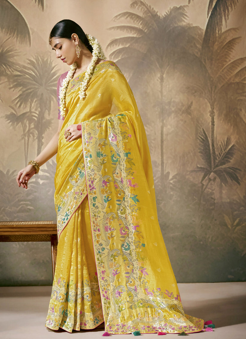 Yellow Silk Woven Work Designer Wedding Saree