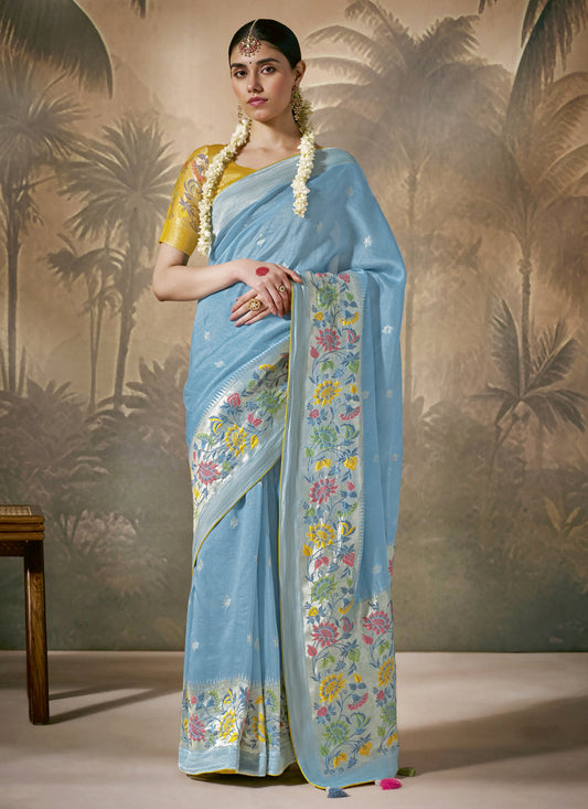 Sky Blue Silk Woven Work Designer Wedding Saree