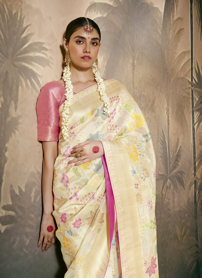 Cream Silk Woven Work Designer Wedding Saree