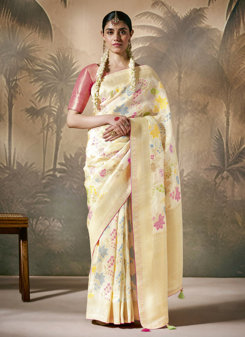 Cream Silk Woven Work Designer Wedding Saree