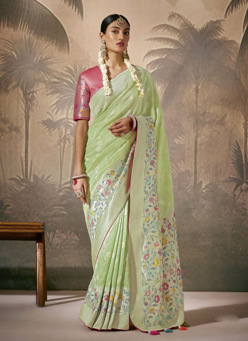 Pista Green Silk Woven Work Designer Wedding Saree