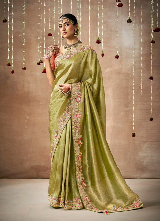 Olive Green Organza Silk Embroidered Designer Saree