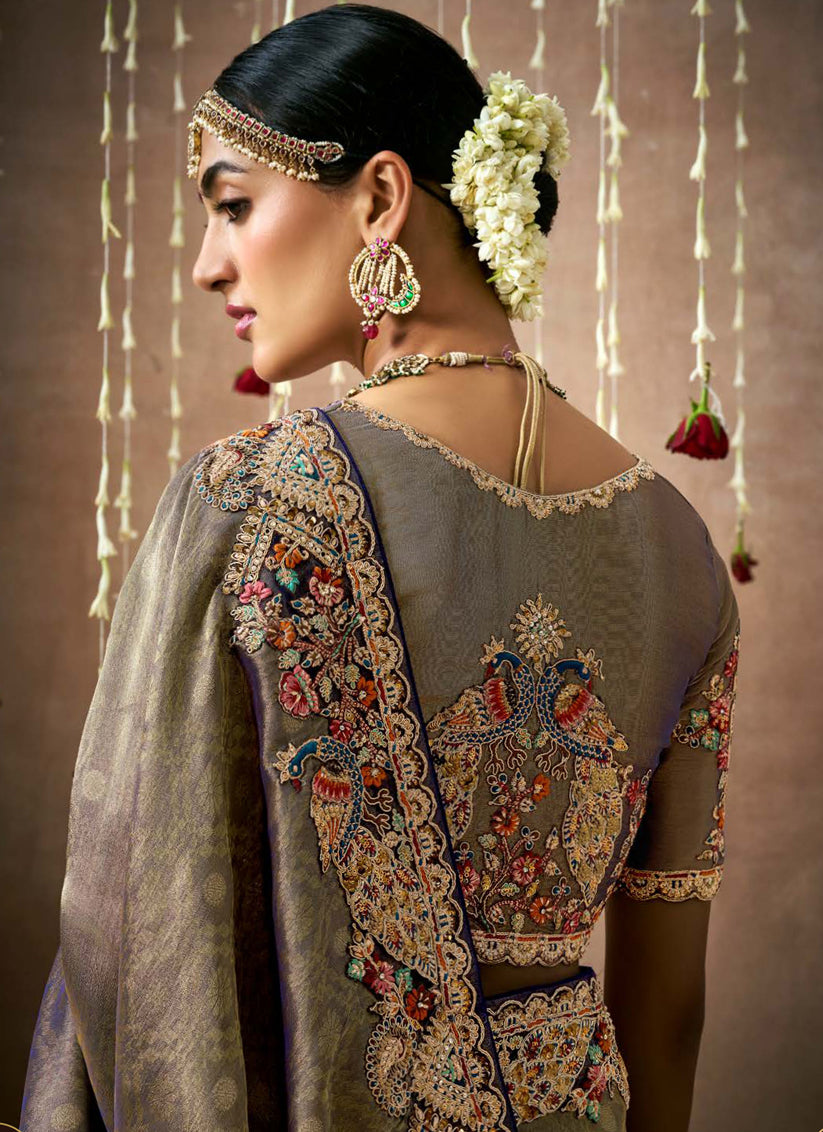 Grey Organza Silk Embroidered Designer Saree