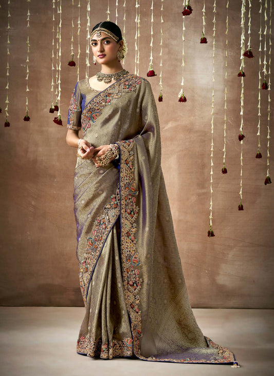 Grey Organza Silk Embroidered Designer Saree