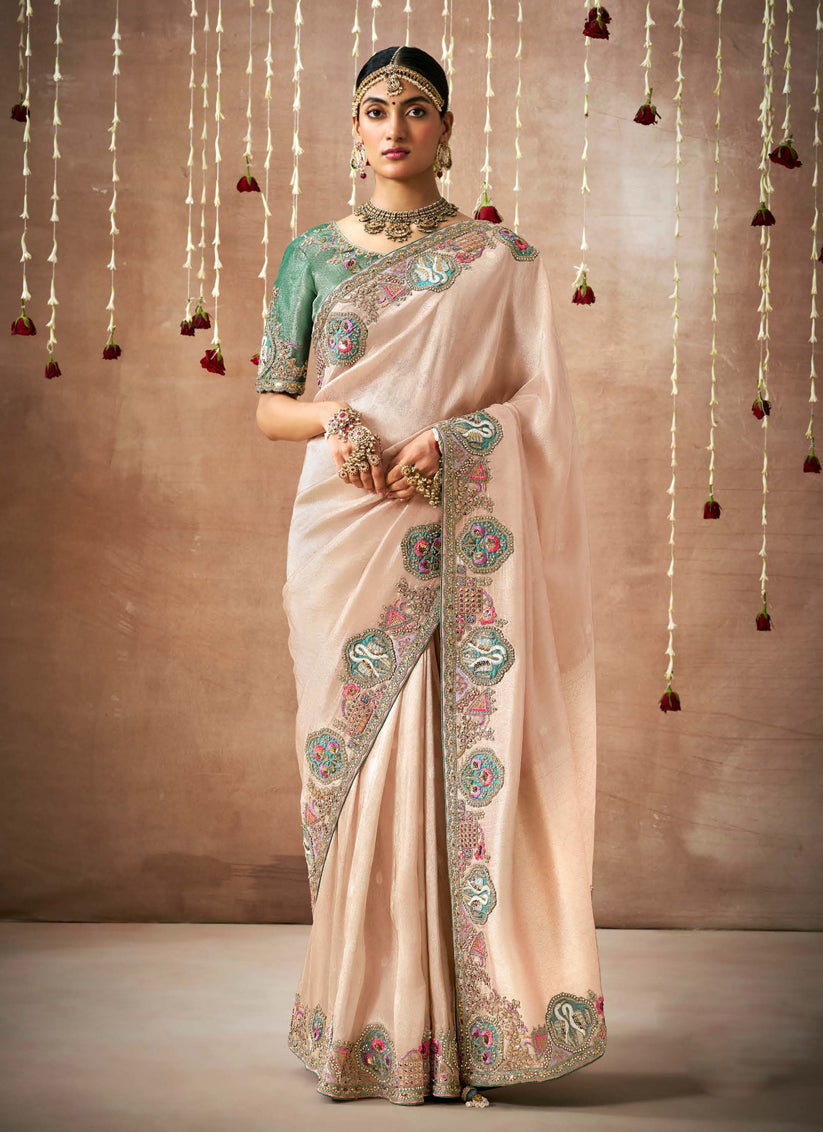 Peach Organza Silk Embroidered Designer Saree