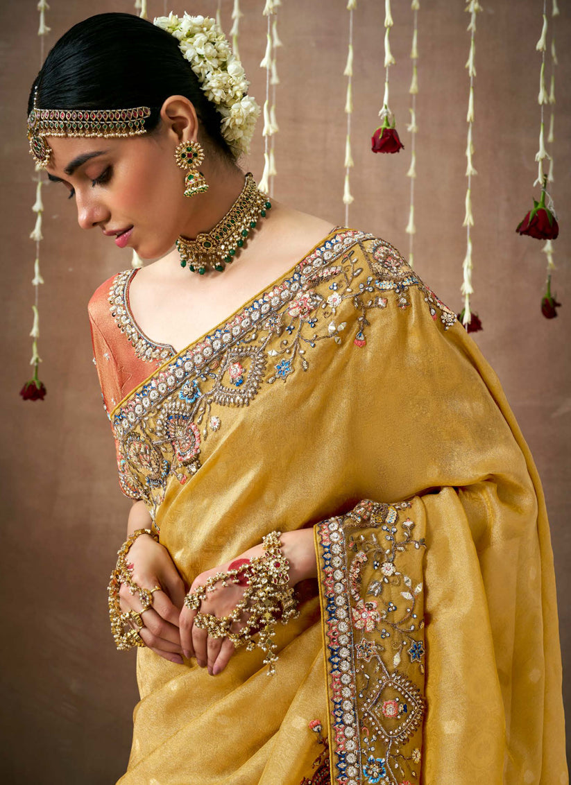 Corn Yellow Organza Silk Embroidered Designer Saree