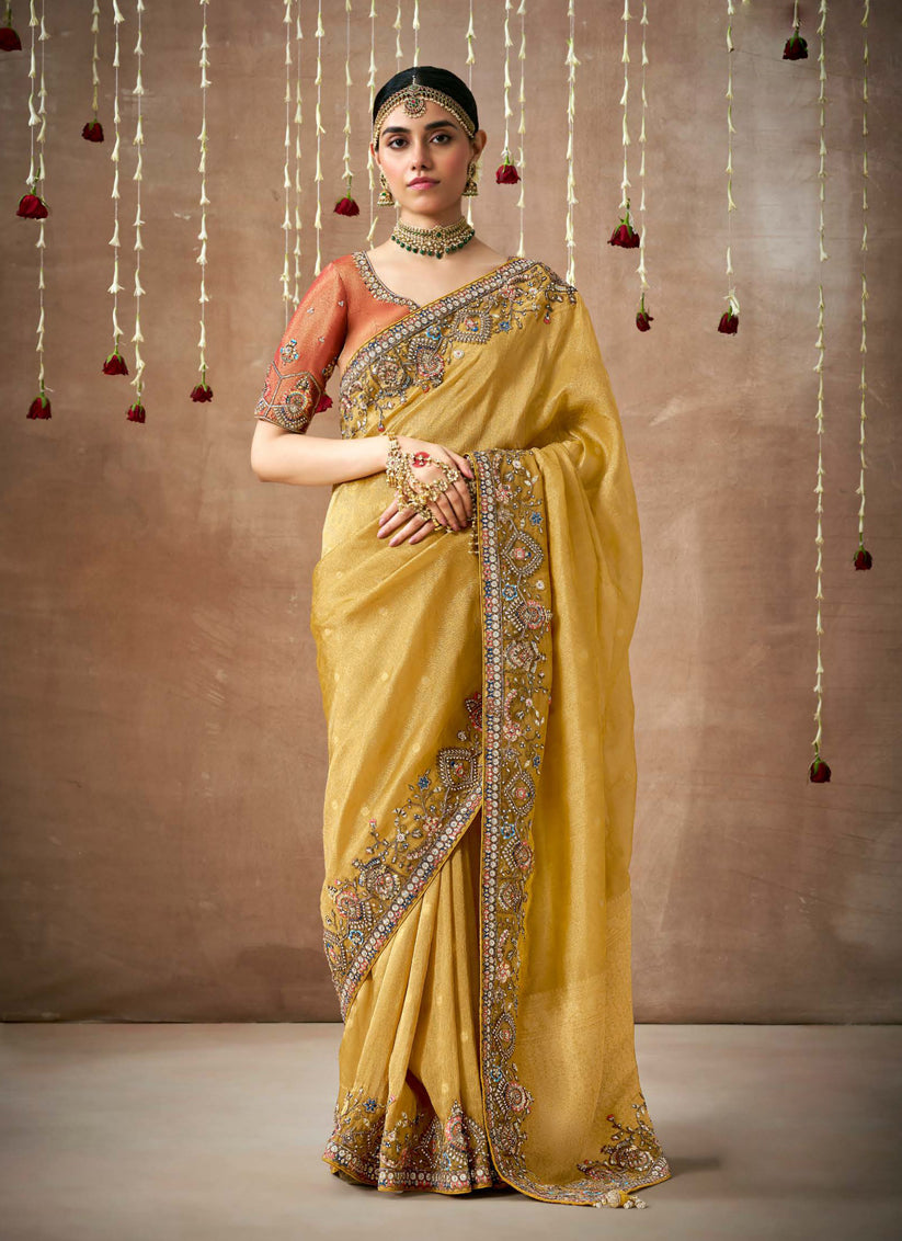 Corn Yellow Organza Silk Embroidered Designer Saree