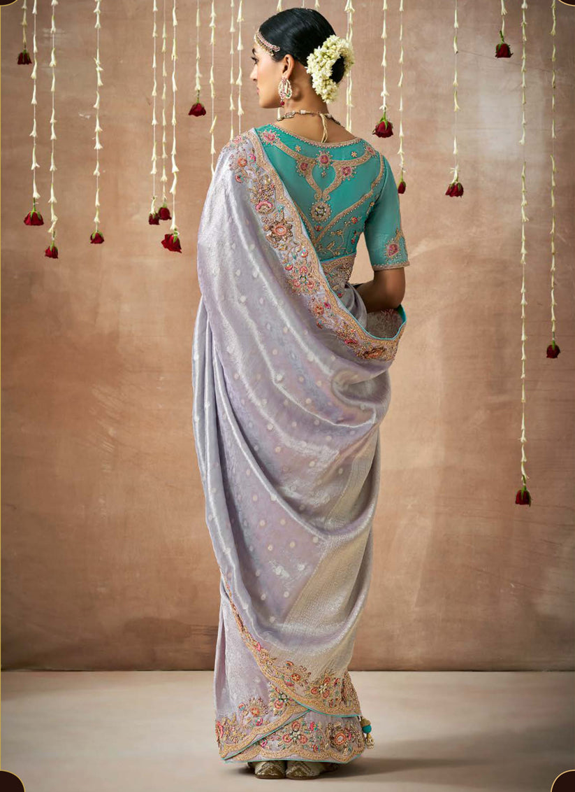 Dusty Purple Organza Silk Embroidered Designer Saree