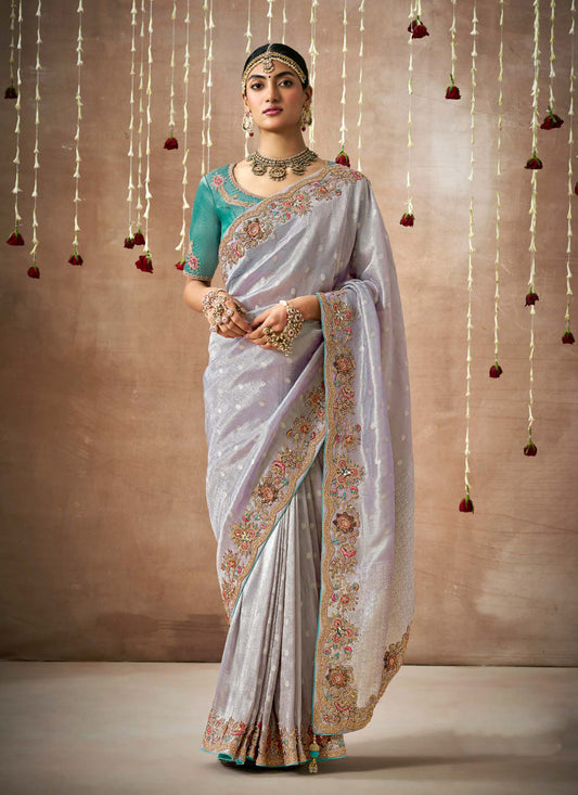 Dusty Purple Organza Silk Embroidered Designer Saree