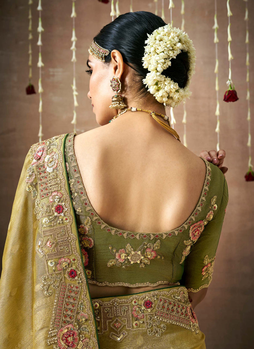 Olive Green Organza Silk Embroidered Designer Saree