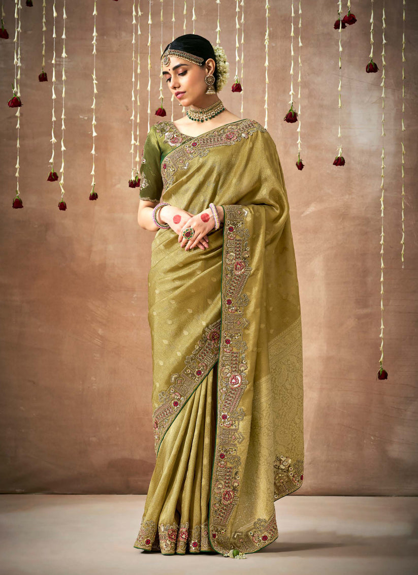 Olive Green Organza Silk Embroidered Designer Saree