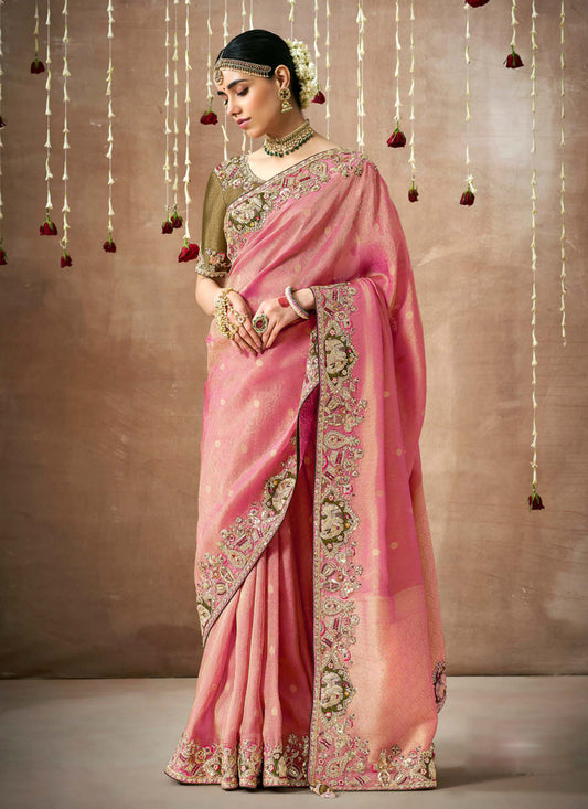 Pink Organza Silk Embroidered Designer Saree