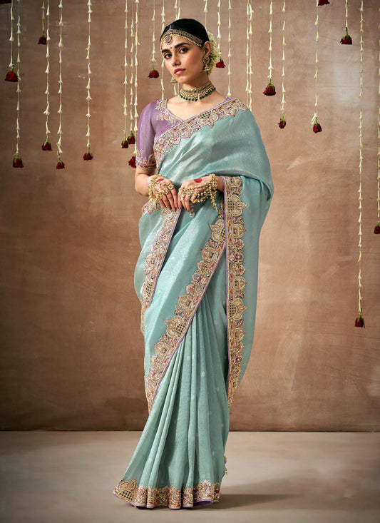 Mint Blue Organza Silk Embroidered Designer Saree