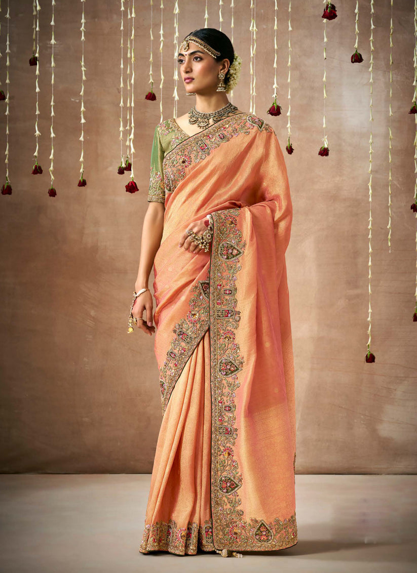 Orange Organza Silk Embroidered Designer Saree