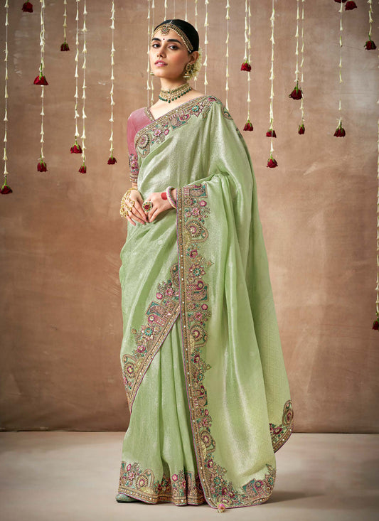 Pista Green Organza Silk Embroidered Designer Saree