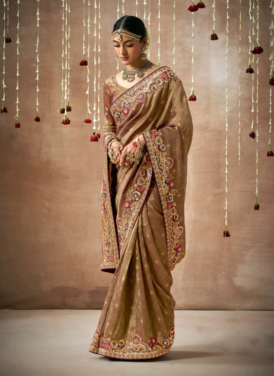 Brown Organza Silk Embroidered Designer Saree