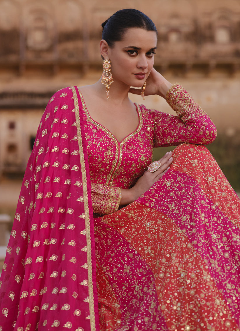 Rani Pink and Orange Georgette Embroidered Anarkali Dress