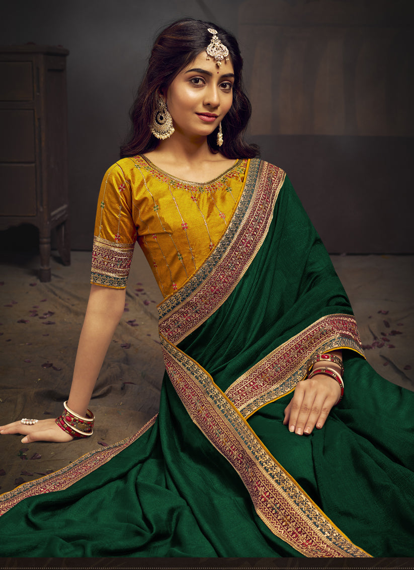 Forest Green Silk Saree with Embroidered Blouse