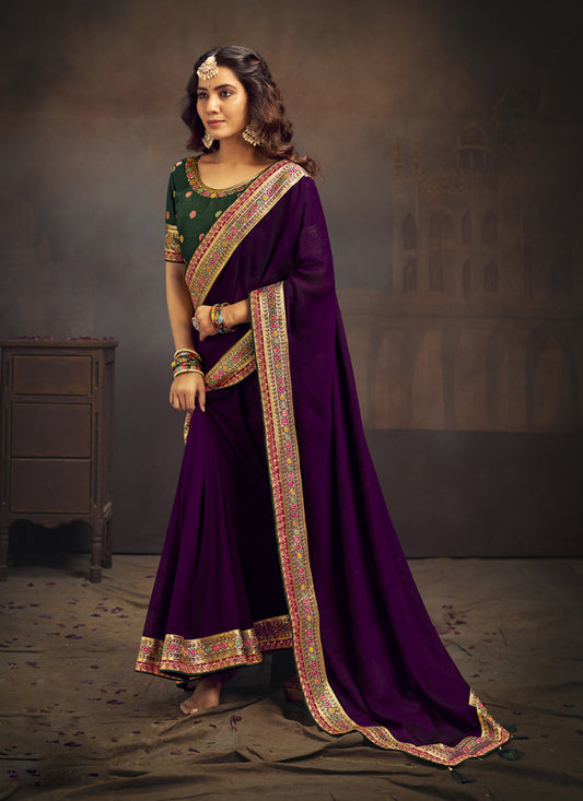 Eggplant Silk Saree with Embroidered Blouse