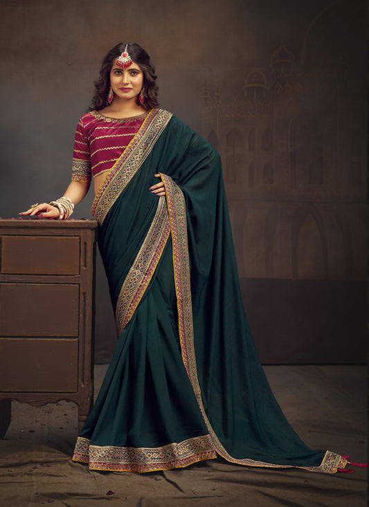 Peacock Blue Silk Saree with Embroidered Blouse