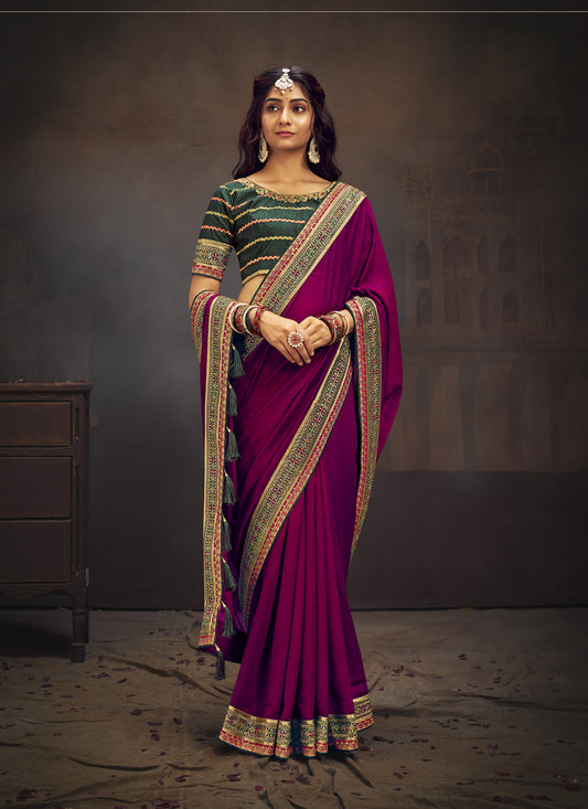 Magenta Silk Saree with Embroidered Blouse