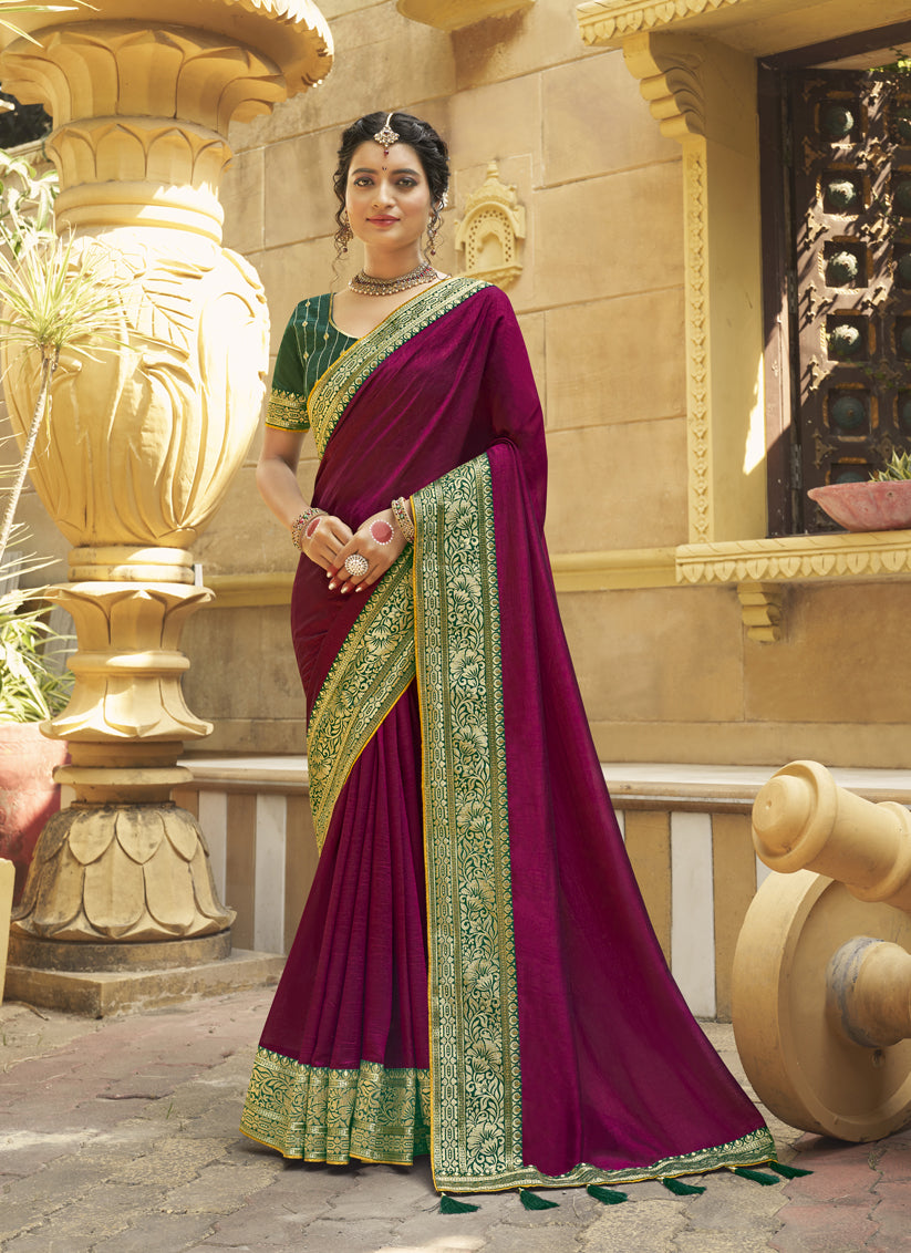 Magenta Silk Zari Embroidered Saree