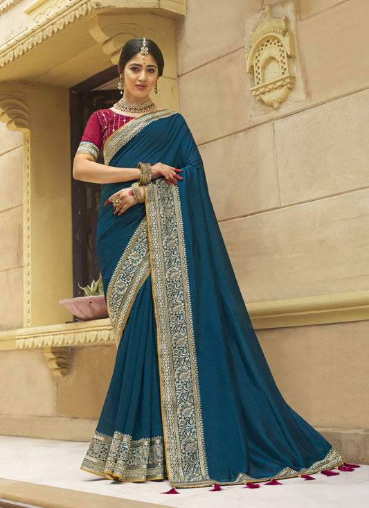 Teal Blue Silk Zari Embroidered Saree