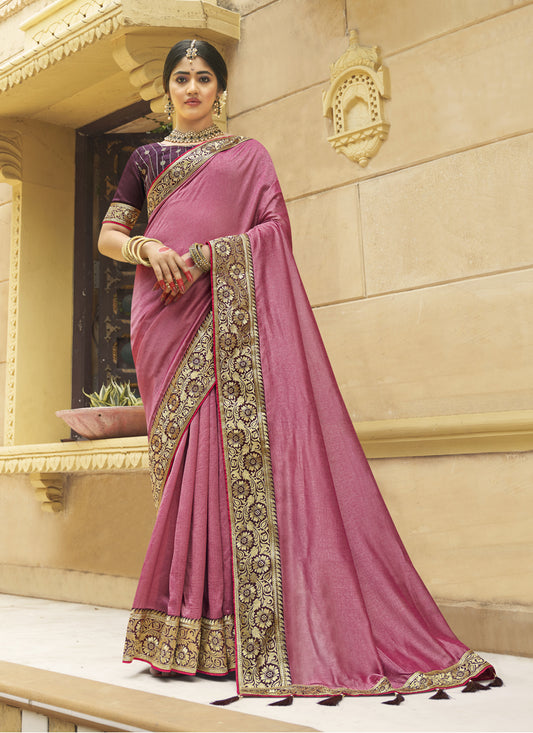 Rose Pink Silk Zari Embroidered Saree