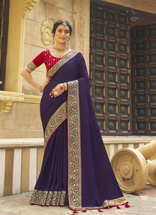 Purple Silk Zari Embroidered Saree