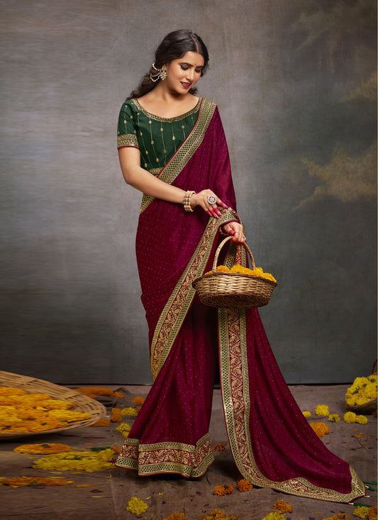 Maroon Satin Saree with Embroidered Blouse
