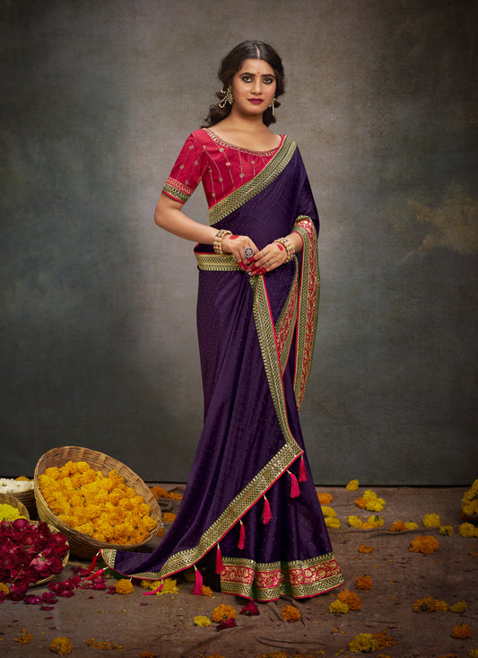 Eggplant Satin Saree with Embroidered Blouse