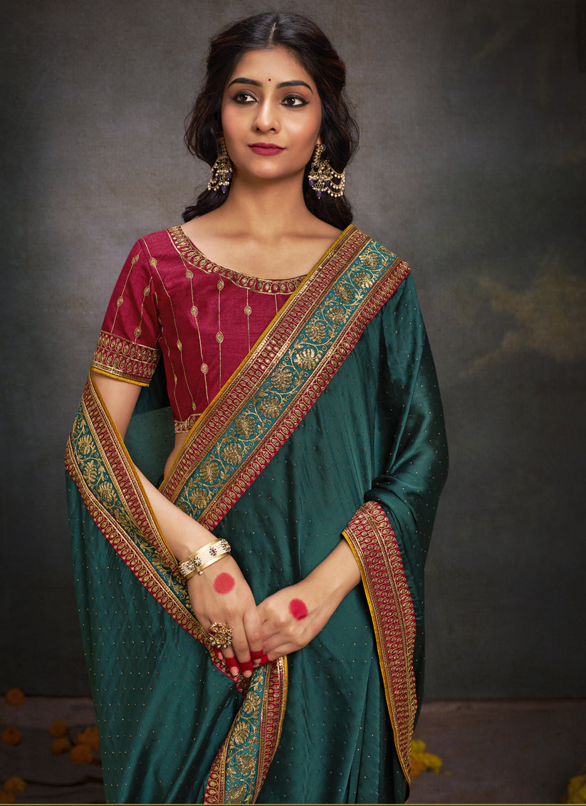 Rama Green Satin Saree with Embroidered Blouse