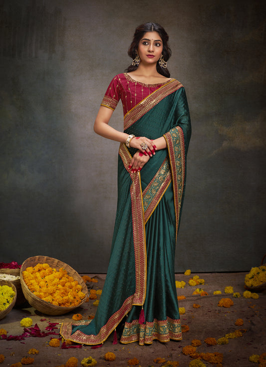 Rama Green Satin Saree with Embroidered Blouse