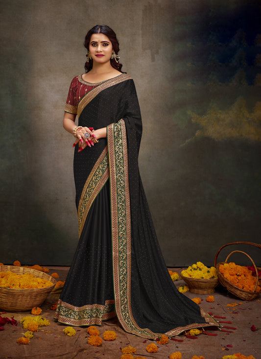 Black Satin Saree with Embroidered Blouse
