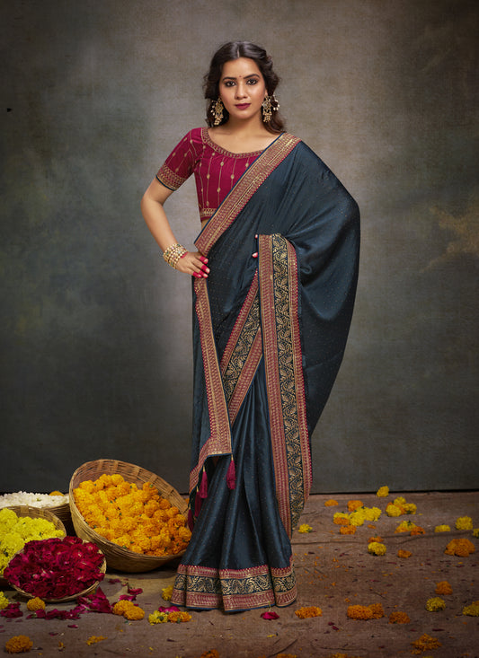 Prussian Blue Satin Saree with Embroidered Blouse