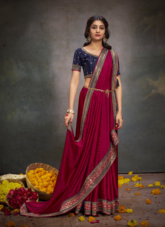 Raspberry Pink Satin Saree with Embroidered Blouse
