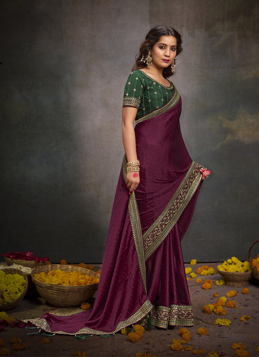 Wine Satin Saree with Embroidered Blouse