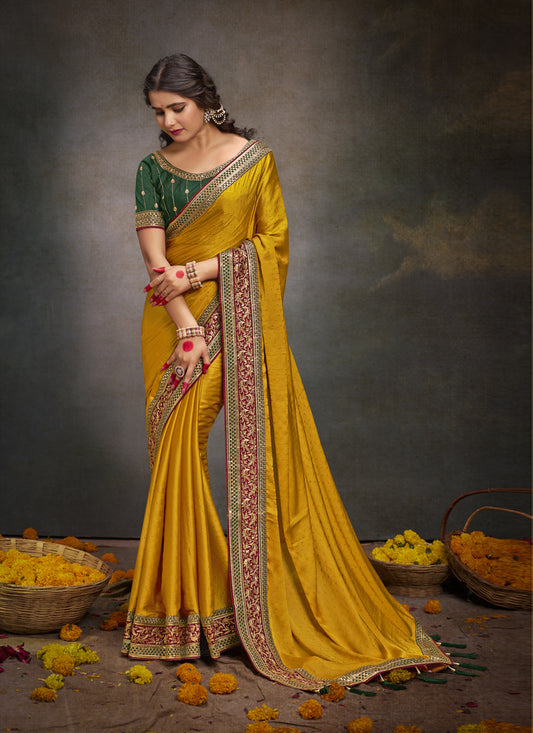 Mustard Satin Saree with Embroidered Blouse