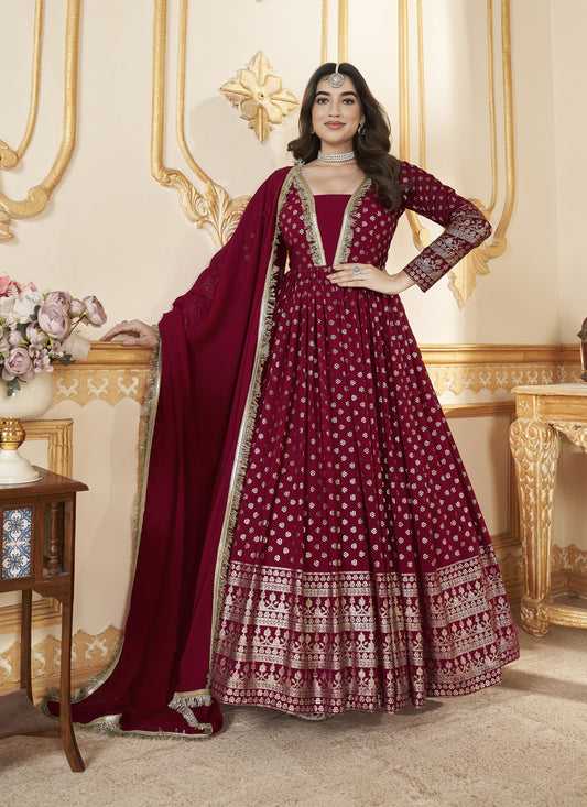 Cherry Red Faux Georgette Anarkali Gown with Dupatta