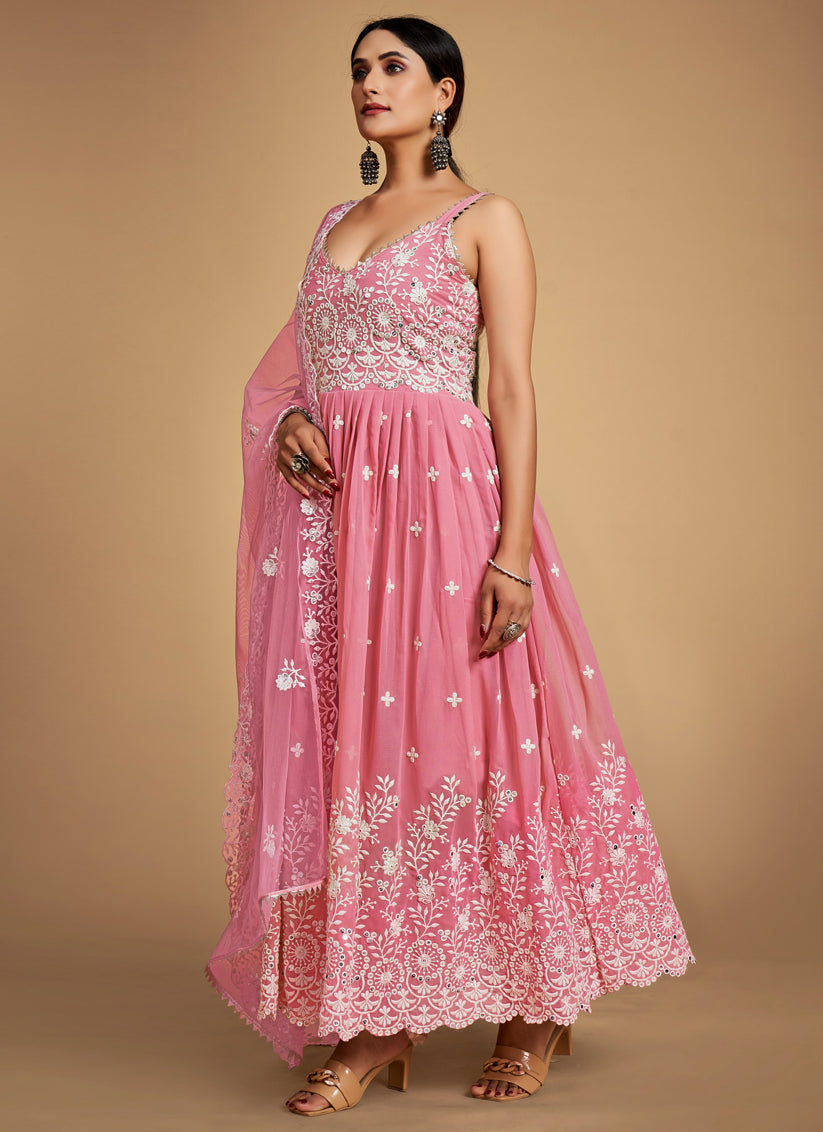 Cherry Pink Georgette Anarkali Gown with Dupatta
