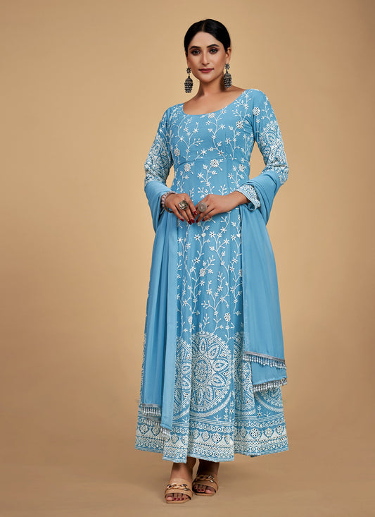 Sky Blue Georgette Anarkali Gown with Dupatta