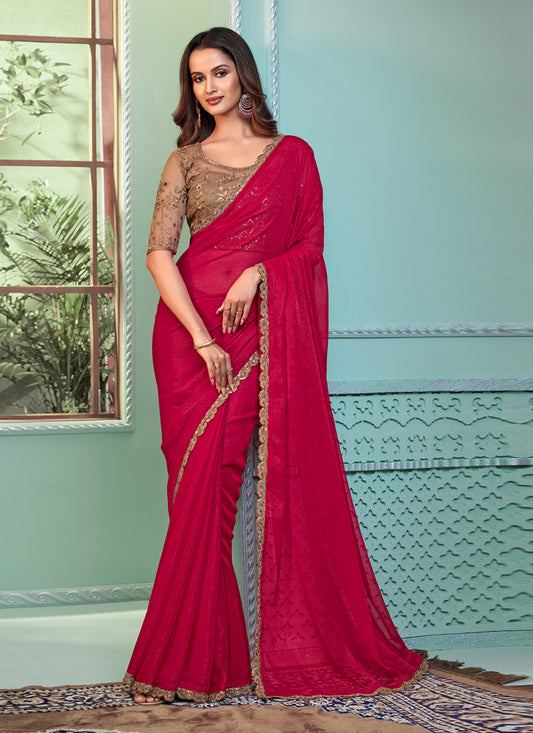 Raspberry Pink Georgette Saree with Embroidered Blouse