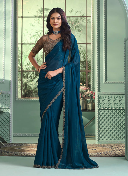 Peacock Blue Georgette Saree with Embroidered Blouse