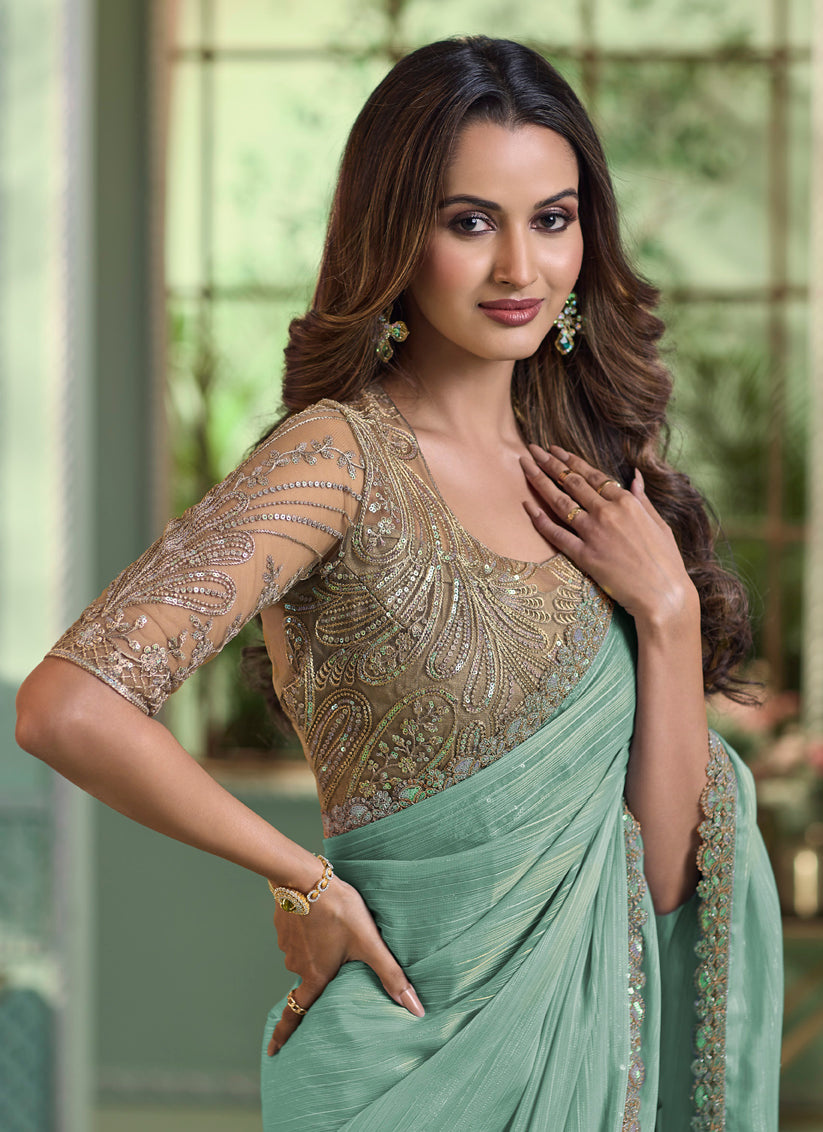 Mint Green Chiffon Silk Saree with Embroidered Blouse