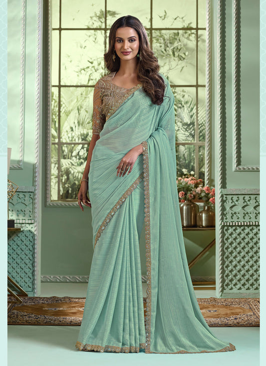 Mint Green Chiffon Silk Saree with Embroidered Blouse