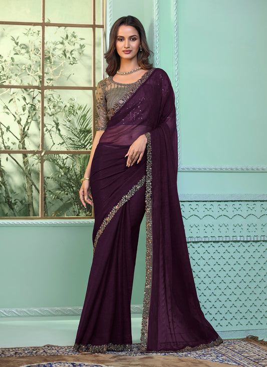 Burgundy Chiffon Saree with Embroidered Blouse