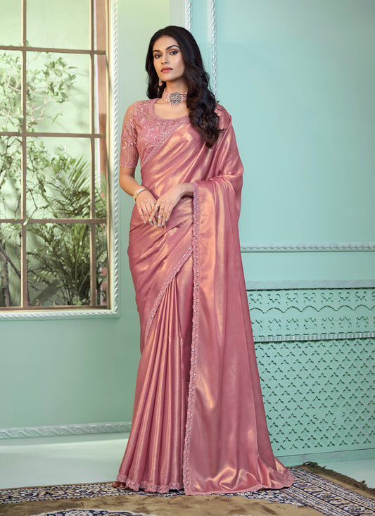 Coral Pink Shimmer Georgette Saree with Embroidered Blouse