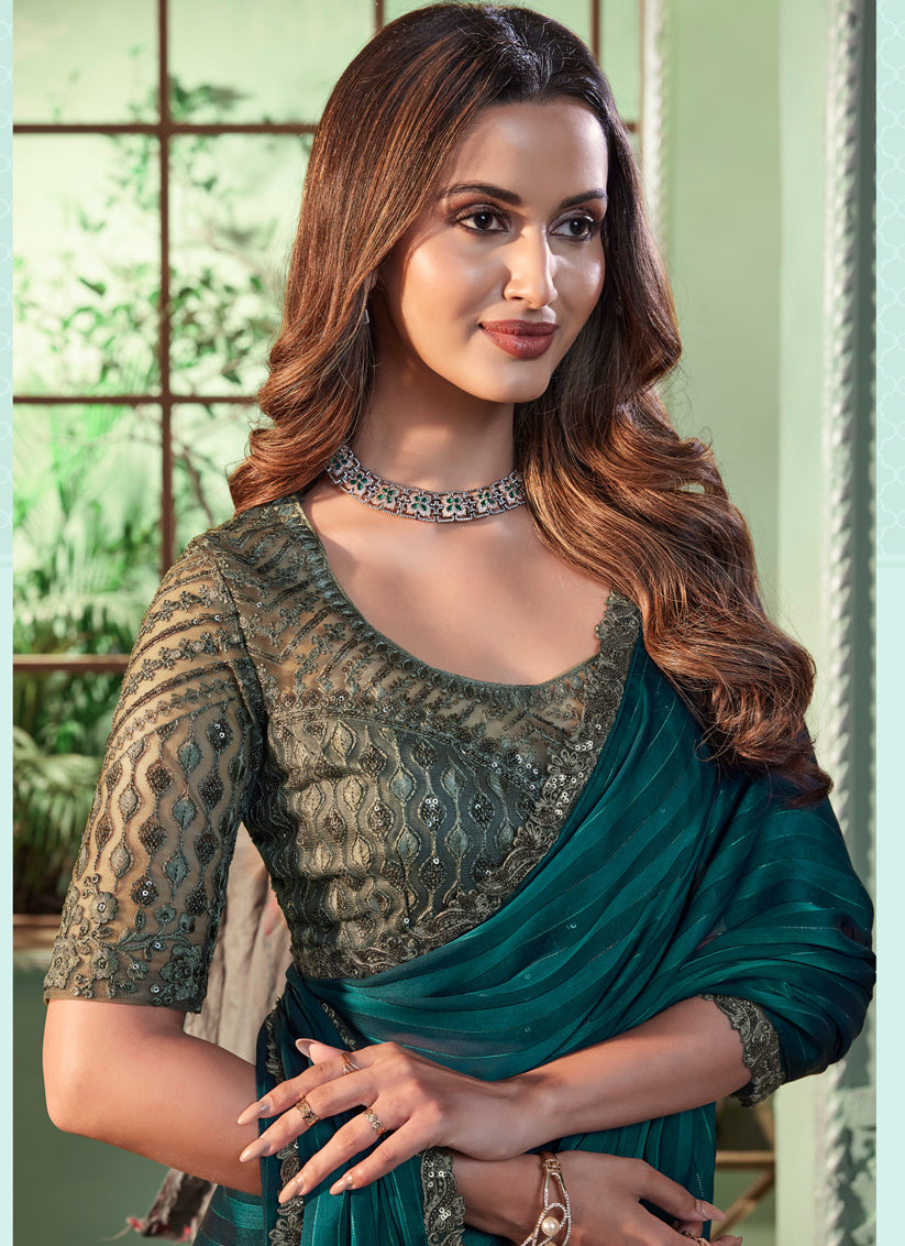 Peacock Green Georgette Silk Saree with Embroidered Blouse