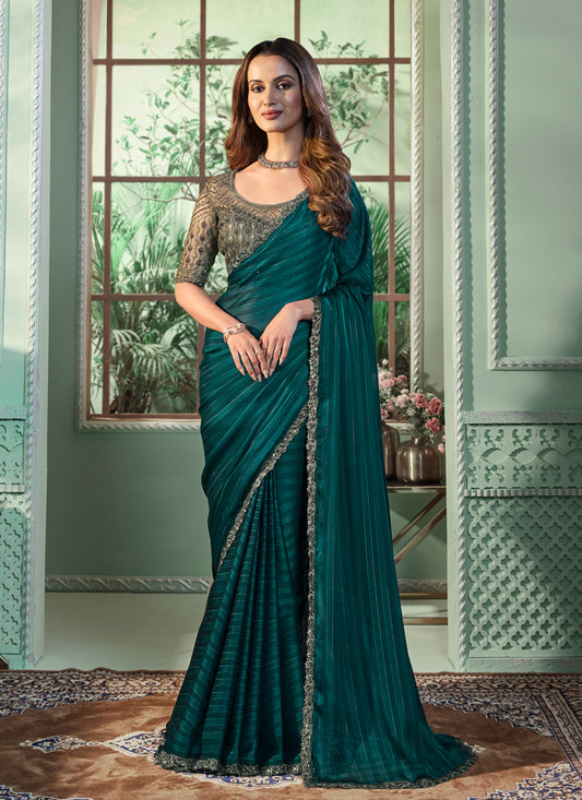 Peacock Green Georgette Silk Saree with Embroidered Blouse