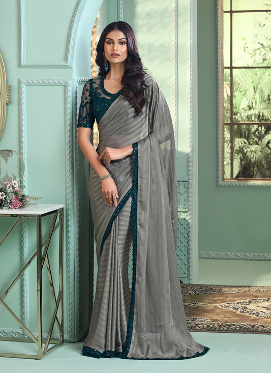 Dusty Grey Georgette Silk Saree with Embroidered Blouse